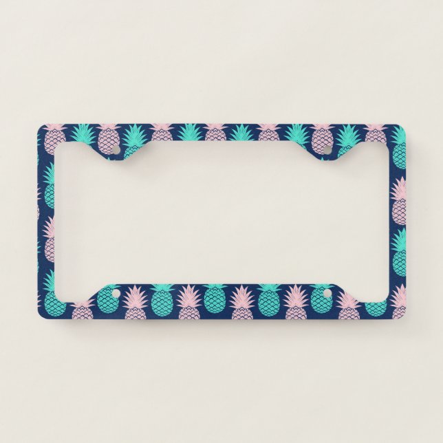 Girly Pink Teal Blue Tropical Pineapple Pattern License Plate Frame (Front)