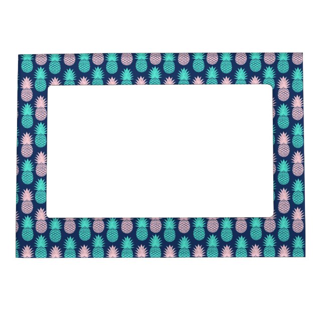 Girly Pink Teal Blue Tropical Pineapple Pattern Magnetic Frame (Front)