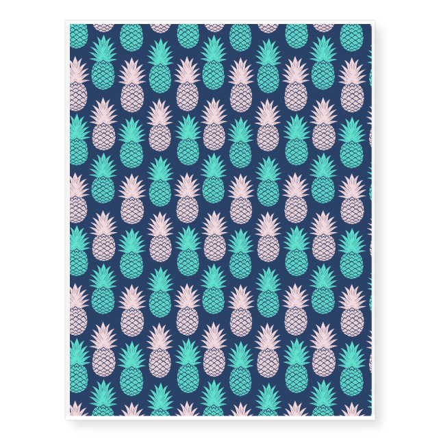 Girly Pink Teal Blue Tropical Pineapple Pattern Temporary Tattoos (Front)