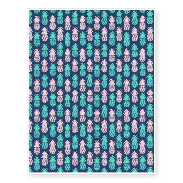 Girly Pink Teal Blue Tropical Pineapple Pattern Temporary Tattoos (Front)