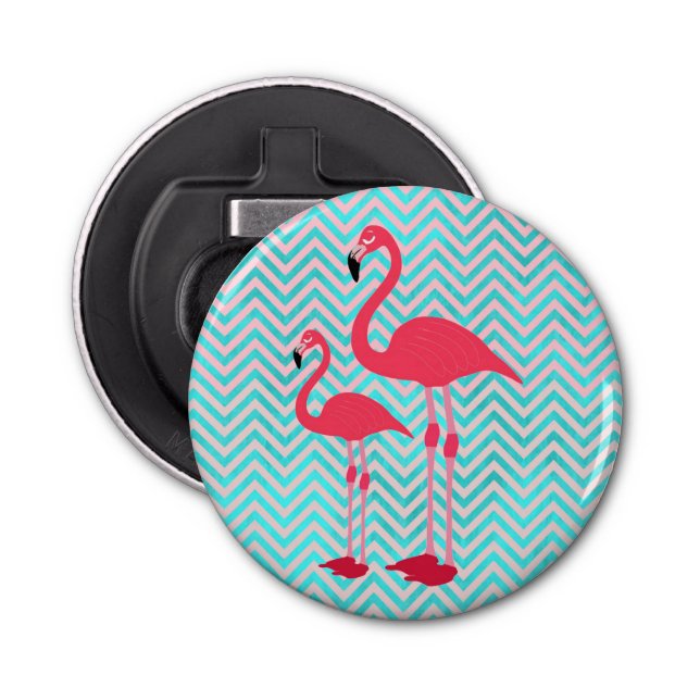 Girly Pink Teal Chevron Elegant Cute Flamingos Bottle Opener (Front)