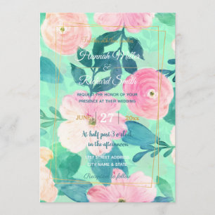 Girly Pink & Teal Floral Hand Paint Mint Design Invitation