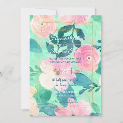 Girly Pink  Teal Floral Hand Paint Mint Design Invitation