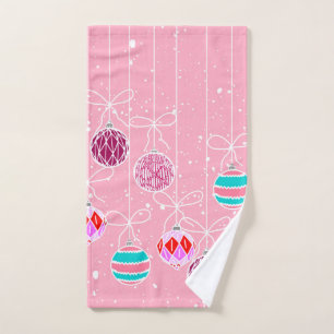 Girly Pink Teal Glam Christmas Ornaments and Snow Hand Towel