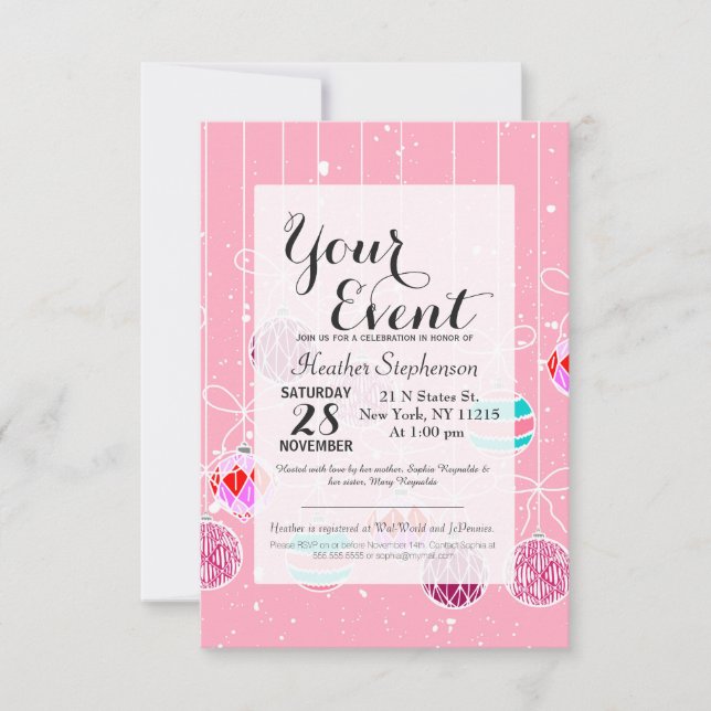Girly Pink Teal Glam Christmas Ornaments and Snow Invitation (Front)