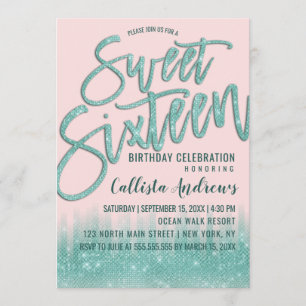 Girly Pink Teal Glitter Typography Sweet 16 Invitation