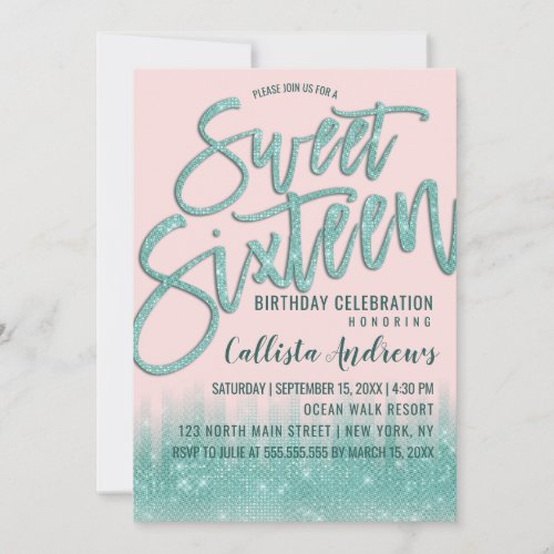 Girly Pink Teal Glitter Typography Sweet 16 Invitation