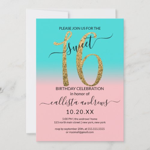 Girly Pink Teal Gold Glitter Ombre Sweet 16 Invitation