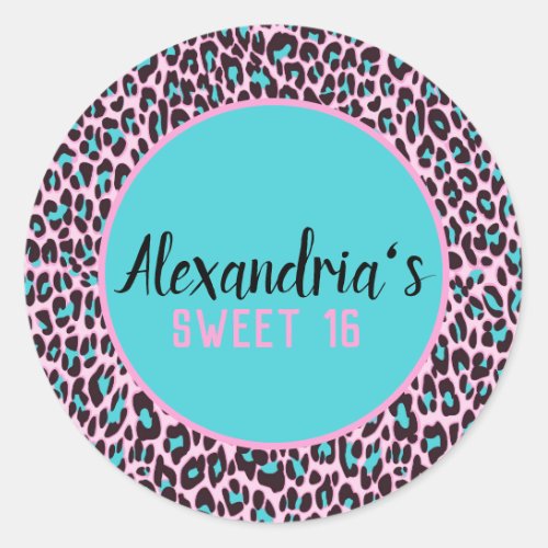 Girly PinkTeal Leopard Personalized Sweet 16 Classic Round Sticker