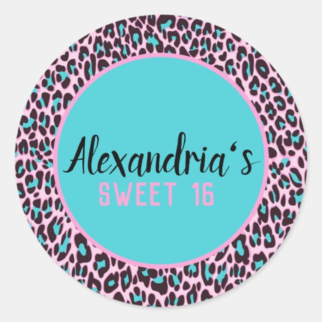 Girly Pink/Teal Leopard Personalized Sweet 16 Classic Round Sticker (Front)