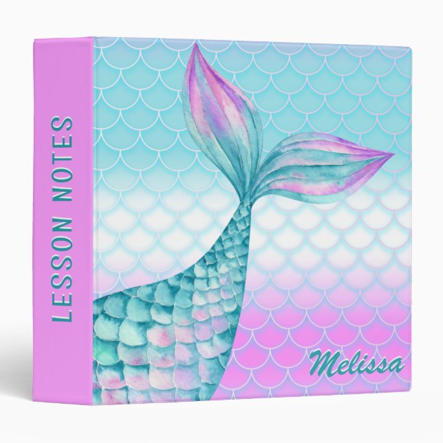 Girly Pink Teal Mermaid Tail Scales Personalized 3 Ring Binder (Front/Spine)