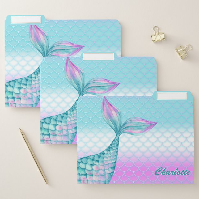 Girly Pink Teal Mermaid Tail Scales Personalized File Folder (Set)