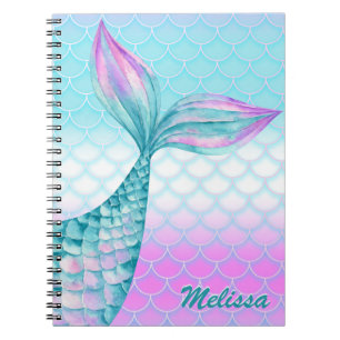 Girly Pink Teal Mermaid Tail Scales Personalized Notebook