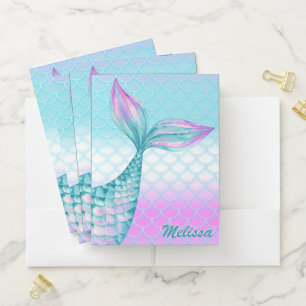 Girly Pink Teal Mermaid Tail Scales Personalized Pocket Folder