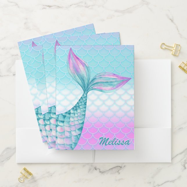 Girly Pink Teal Mermaid Tail Scales Personalized Pocket Folder (In Situ)