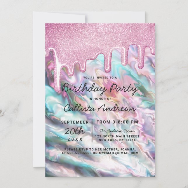 Girly Pink Teal Pearl Opal Glitter Drips Birthday Invitation (Front)