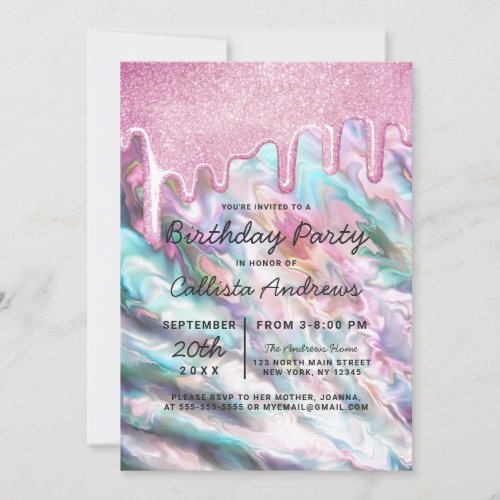 Girly Pink Teal Pearl Opal Glitter Drips Birthday Invitation
