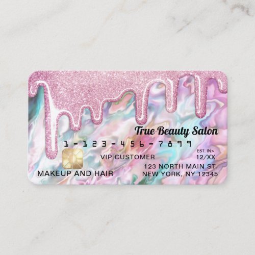 Girly Pink Teal Pearl Opal Glitter Drips Credit Business Card