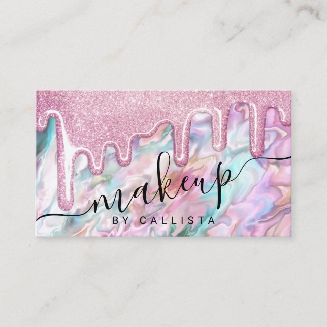 Girly Pink Teal Pearl Opal Glitter Drips Makeup Business Card (Front)