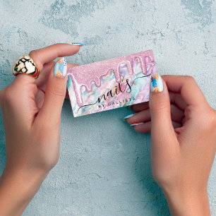 Girly Pink Teal Pearl Opal Glitter Drips Nails Business Card