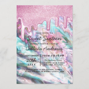 Girly Pink Teal Pearl Opal Glitter Drips Sweet 16 Invitation