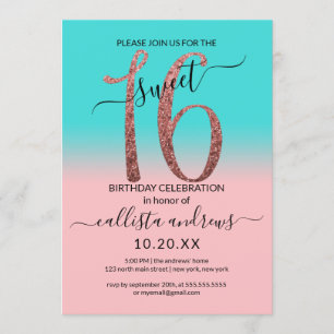 Girly Pink Teal Rose Gold Glitter Ombre Sweet 16 Invitation