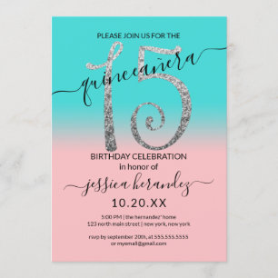 Girly Pink Teal Silver Glitter Ombre Quinceañera Invitation