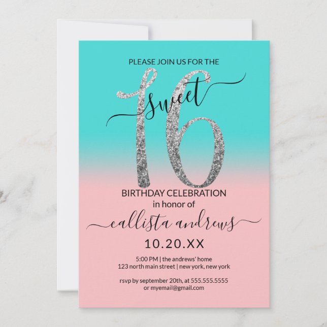 Girly Pink Teal Silver Glitter Ombre Sweet 16 Invitation (Front)