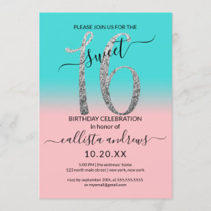 Girly Pink Teal Silver Glitter Ombre Sweet 16 Invitation