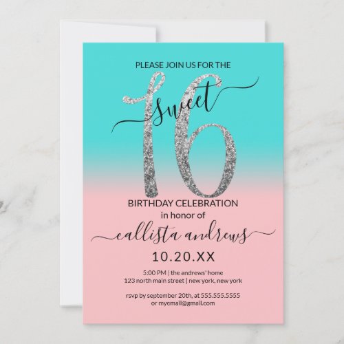 Girly Pink Teal Silver Glitter Ombre Sweet 16 Invitation