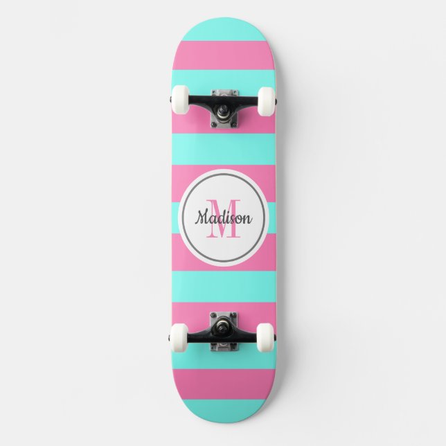 Girly Pink Teal Stripes Monogram Personalized Skateboard (Front)