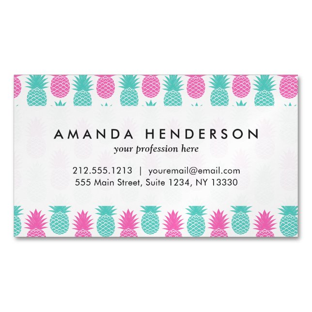 Girly Pink Teal Tropical Pineapple Pattern Business Card Magnet (Front)