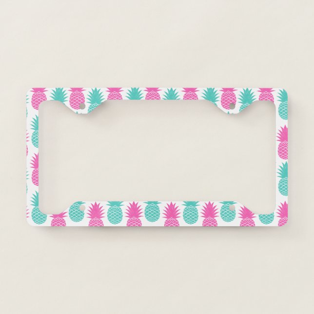 Girly Pink Teal Tropical Pineapple Pattern License Plate Frame (Front)