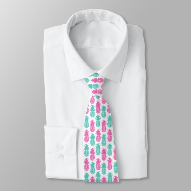 Girly Pink Teal Tropical Pineapple Pattern Neck Tie (Tied)