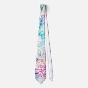 Girly pink teal watercolor vintage floral pattern neck tie