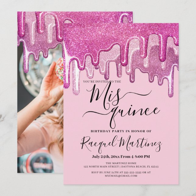 Girly Pink Thick Glitter Drips Photo Mis Quince Invitation (Front/Back)