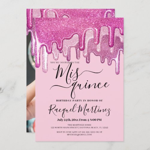 Girly Pink Thick Glitter Drips Photo Mis Quince Invitation