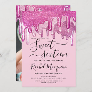 Girly Pink Thick Glitter Drips Photo Sweet 16 Invitation