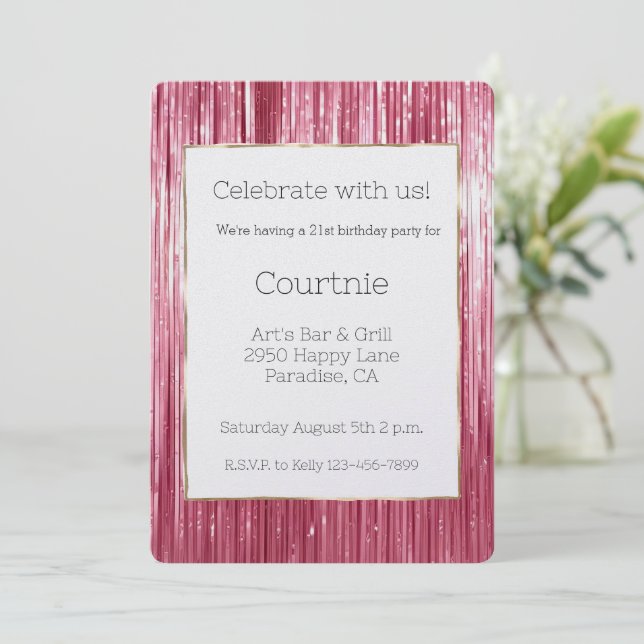Girly Pink Tinsel Stripes 21st Birthday Invitation (Standing Front)