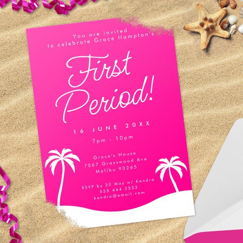 Girly Pink Trendy Beach First Period Party Invitation