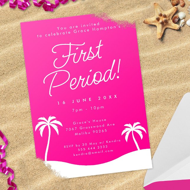Girly Pink Trendy Beach First Period Party Invitation (In Situ)