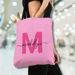 Girly Pink Trendy Modern Script Name Monogram Tote Bag<br><div class="desc">Personalized Girly Pink and Magenta Hot Pink Trendy Modern Script Name Monogram Tote Bag. Add a burst of fun and femininity to your everyday style with this chic and playful tote bag. Featuring a bright, happy pink background and a bold magenta hot pink initial (with no shimmer or foil), paired...</div>