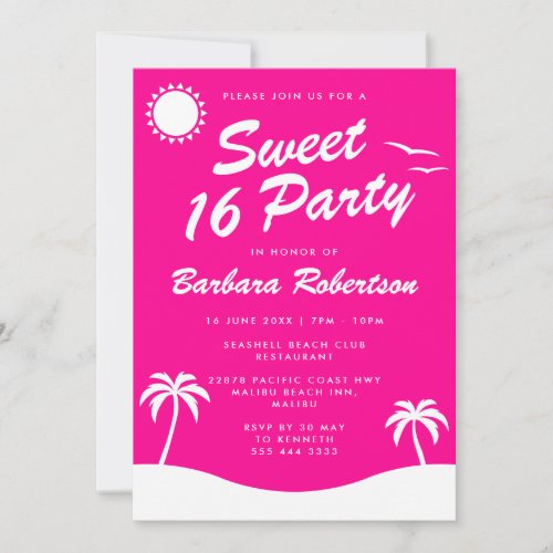 Girly Pink Tropical Beach Birthday Sweet 16 Invitation