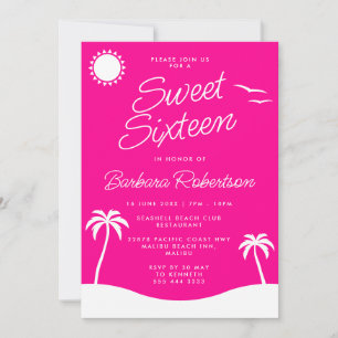 Girly Pink Tropical Beach Script Sweet Sixteen Invitation