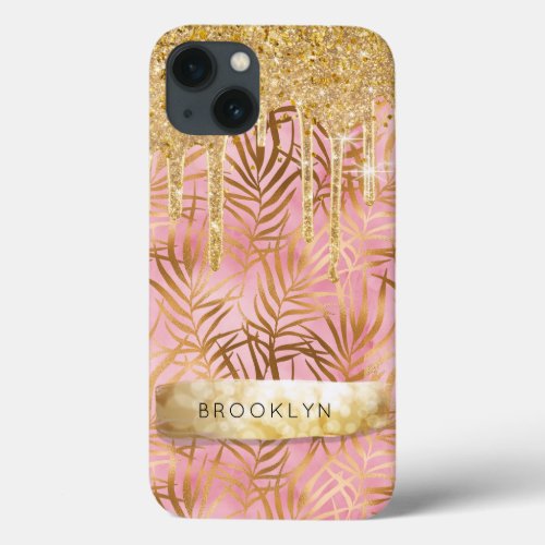 Girly Pink Tropical Palm Foliage Gold Drip Sparkle iPhone 13 Case