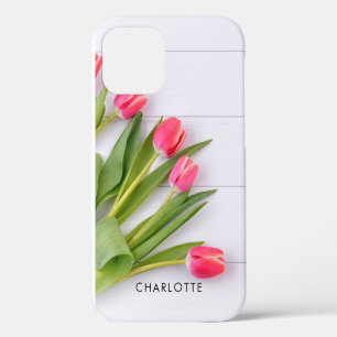 Girly Pink Tulips on White Wood Classic iPhone 12 Case