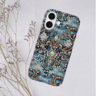 Girly Pink Turquoise Stone Blue Denim iPhone 16 Case