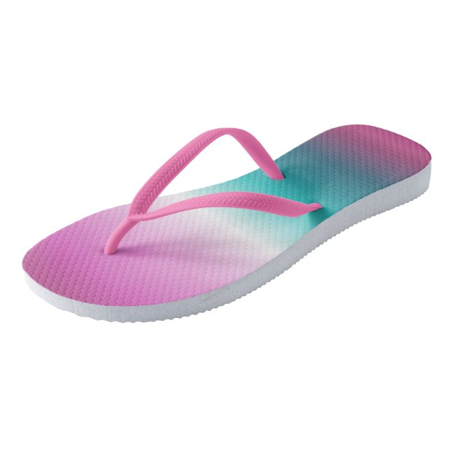 girly pink turquoise teal aqua ombre mermaid flip flops (Angled)