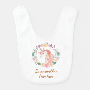 Girly Pink Unicorn Floral Greenery Baby Bib