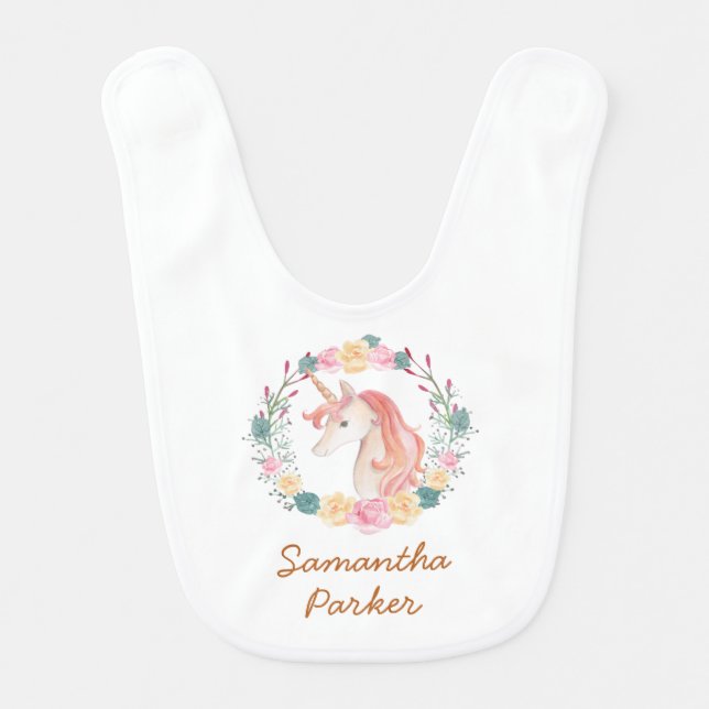 Girly Pink Unicorn Floral Greenery Baby Bib (Front)